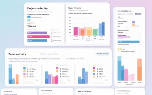 A colourful analytics dashboard with charts showing project velocity and team workload