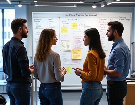 A development team collaborating around a whiteboard with agile sticky notes