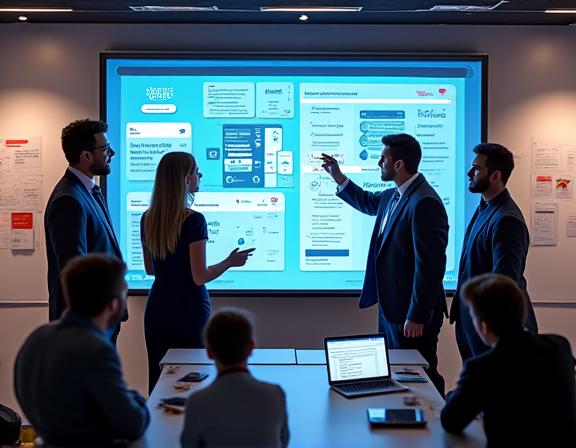 A marketing team brainstorming concepts around a large screen
